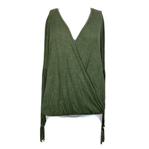 AJ My Amelia James Shirt Women Sz S Green V-Neck Wrap Tie Sleeves Balloon Blouse